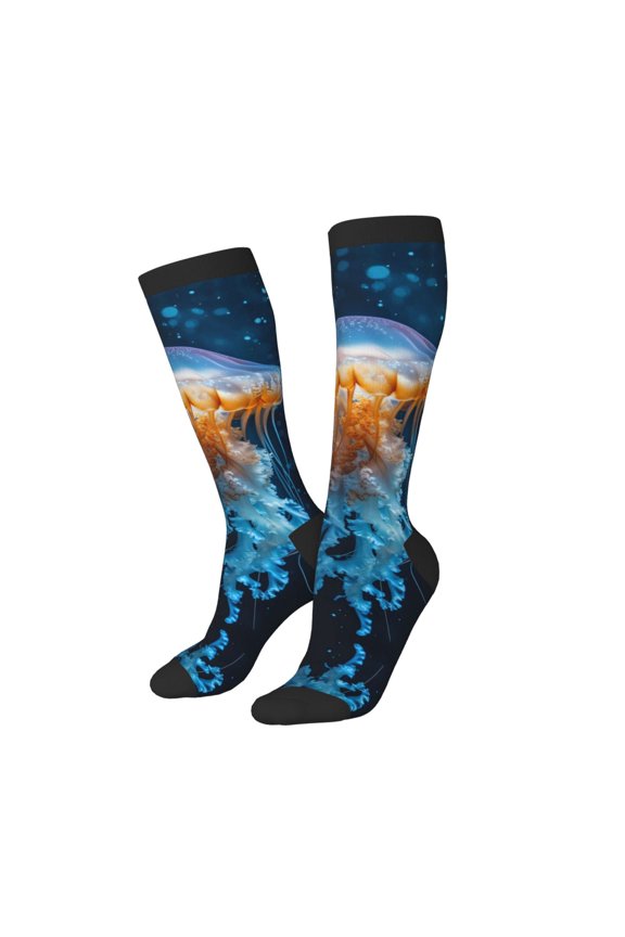 Knee High Socks for Women Men Athletic - Glow Deep Sea Jellyfish Thigh-High Black Sole Comfort Breathable Long Socks for Casual Travel Running