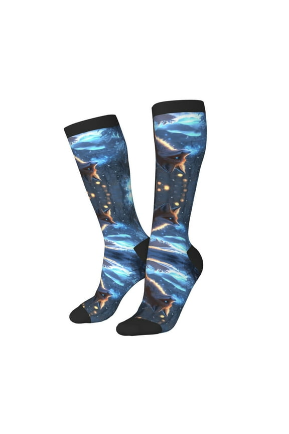 Knee High Socks for Women Men Athletic - Glowing Winter Arctic Fox a Thigh-High Black Sole Comfort Breathable Long Socks for Casual Travel Running