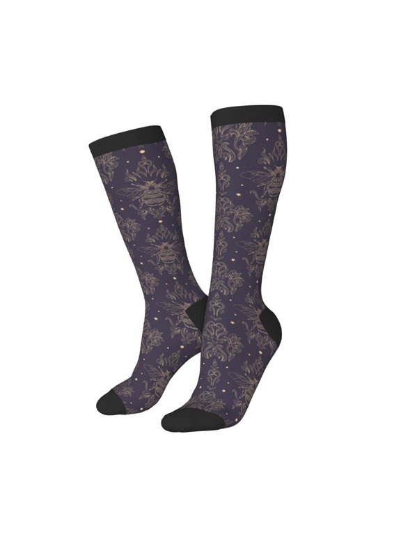 Knee High Socks for Women Men Athletic - Golden Bumblebee Thigh-High Black Sole Comfort Breathable Long Socks for Casual Travel Running
