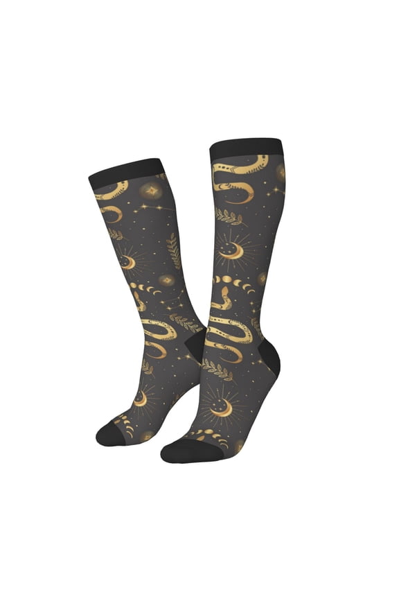 Knee High Socks for Women Men Athletic - Gothic Funny Golden Snake Moon Thigh-High Black Sole Comfort Breathable Long Socks for Casual Travel Running