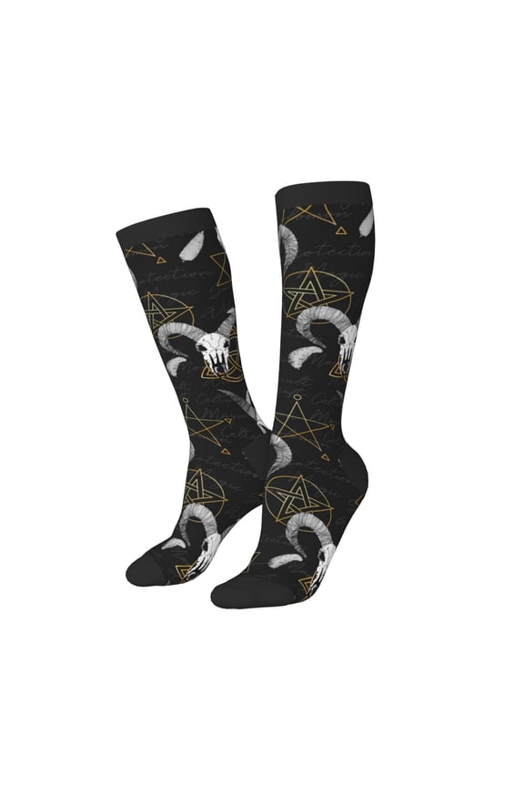 Knee High Socks for Women Men Athletic - Gothic Style Cool Goat Skull Thigh-High Black Sole Comfort Breathable Long Socks for Casual Travel Running