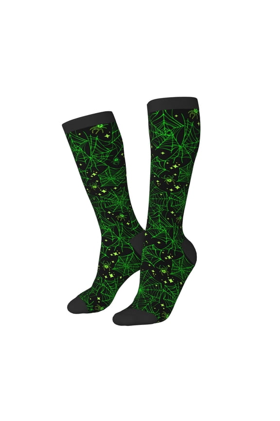 Knee High Socks for Women Men Athletic - Green Bright Web with Spiders Thigh-High Black Sole Comfort Breathable Long Socks for Casual Travel Running