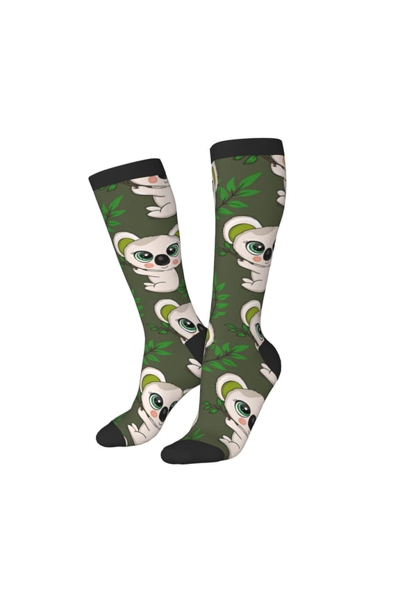 Knee High Socks for Women Men Athletic - Green Leafy Big Eyes Koala Thigh-High Black Sole Comfort Breathable Long Socks for Casual Travel Running