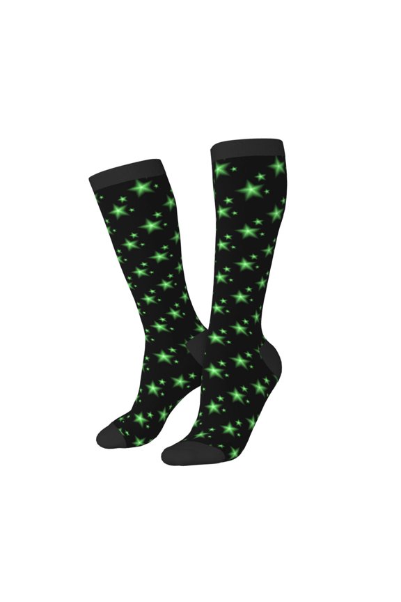 Knee High Socks for Women Men Athletic - Green shining stars black cool Thigh-High Black Sole Comfort Breathable Long Socks for Casual Travel Running