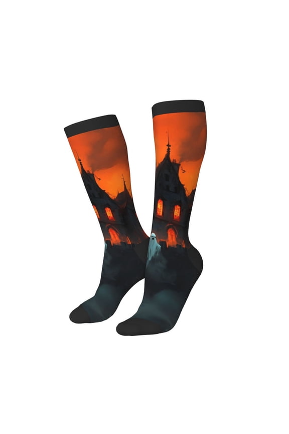 Knee High Socks for Women Men Athletic - Halloween Flame Castle Ghost A Thigh-High Black Sole Comfort Breathable Long Socks for Casual Travel Running
