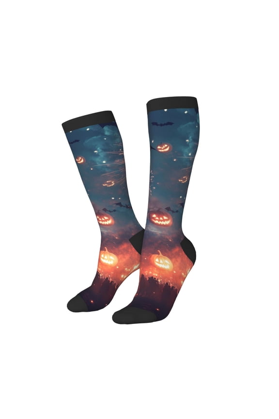 Knee High Socks for Women Men Athletic - Halloween Pumpkin Bat Glow Thigh-High Black Sole Comfort Breathable Long Socks for Casual Travel Running