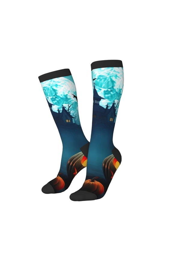 Knee High Socks for Women Men Athletic - Halloween Pumpkin Castle Thigh-High Black Sole Comfort Breathable Long Socks for Casual Travel Running