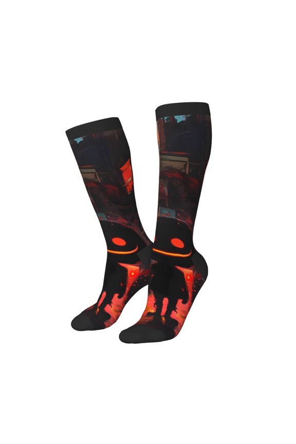 Knee High Socks for Women Men Athletic - Halloween Sunset Ghost Thigh-High Black Sole Comfort Breathable Long Socks for Casual Travel Running