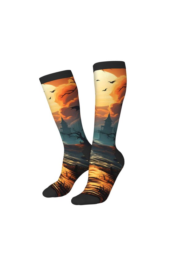 Knee High Socks for Women Men Athletic - Halloween Sunset Pumpkin Thigh-High Black Sole Comfort Breathable Long Socks for Casual Travel Running