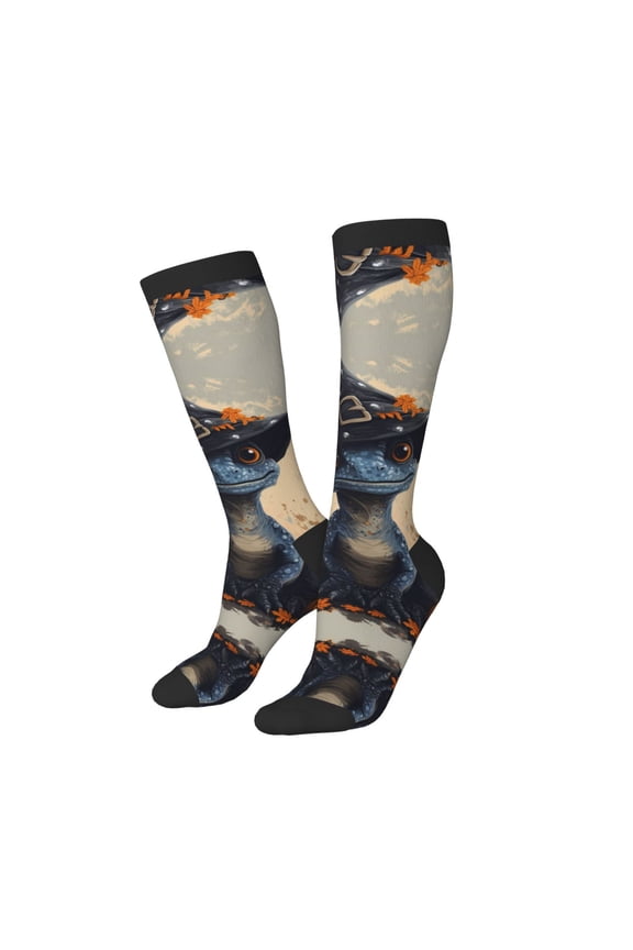 Knee High Socks for Women Men Athletic - Halloween Witch Hat Lizard Thigh-High Black Sole Comfort Breathable Long Socks for Casual Travel Running