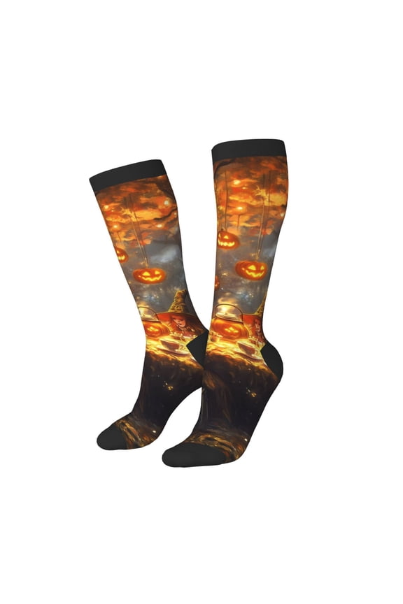 Knee High Socks for Women Men Athletic - Halloween Witch Pumpkin Party Thigh-High Black Sole Comfort Breathable Long Socks for Casual Travel Running
