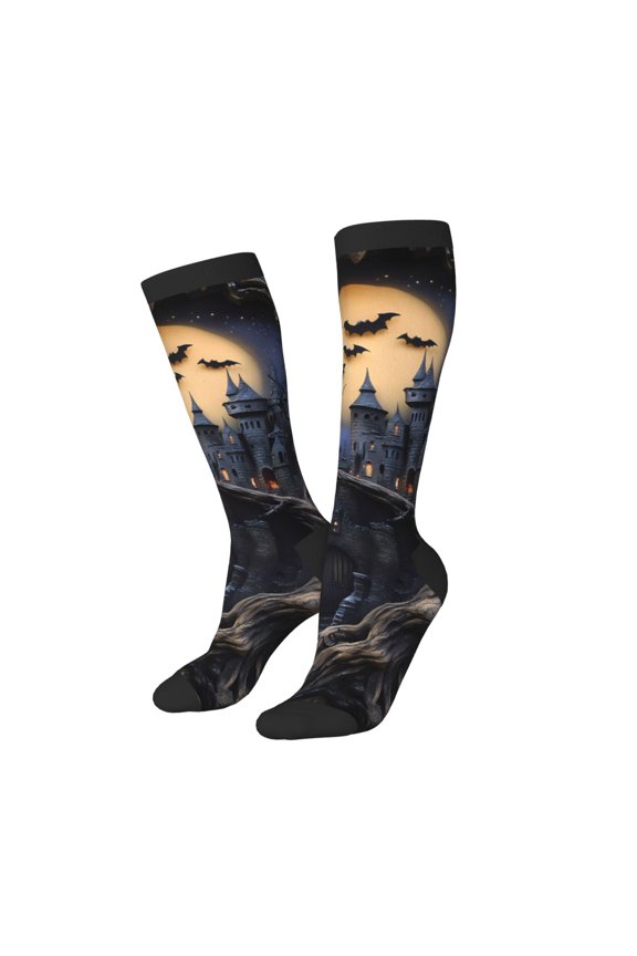 Knee High Socks for Women Men Athletic - Haunted Castle Under Moon Thigh-High Black Sole Comfort Breathable Long Socks for Casual Travel Running