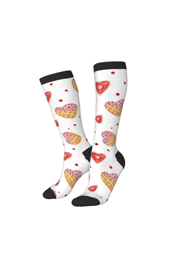 Knee High Socks for Women Men Athletic - Heart Waffle Print Thigh-High Black Sole Comfort Breathable Long Socks for Casual Travel Running