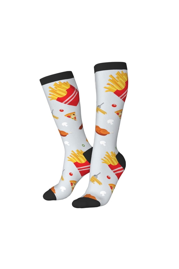 Knee High Socks for Women Men Athletic - Hot Dog Coke Burger Pizza Thigh-High Black Sole Comfort Breathable Long Socks for Casual Travel Running