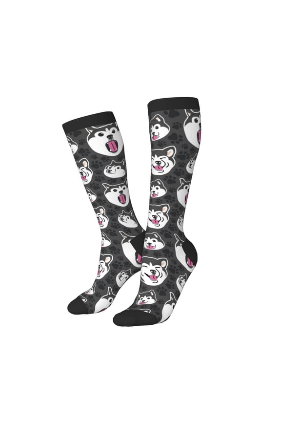 Knee High Socks for Women Men Athletic - Husky print Thigh-High Black Sole Comfort Breathable Long Socks for Casual Travel Running