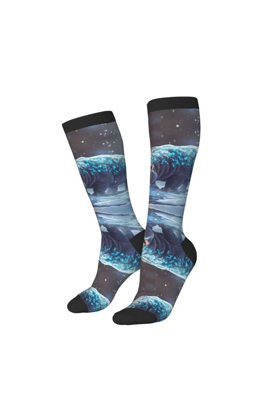 Knee High Socks for Women Men Athletic - Ice blue polka dot snow hippo Thigh-High Black Sole Comfort Breathable Long Socks for Casual Travel Running