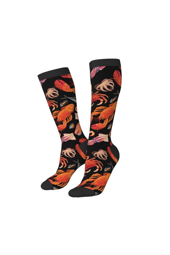 Knee High Socks for Women Men Athletic - Lobster Squid Crab Thigh-High Black Sole Comfort Breathable Long Socks for Casual Travel Running