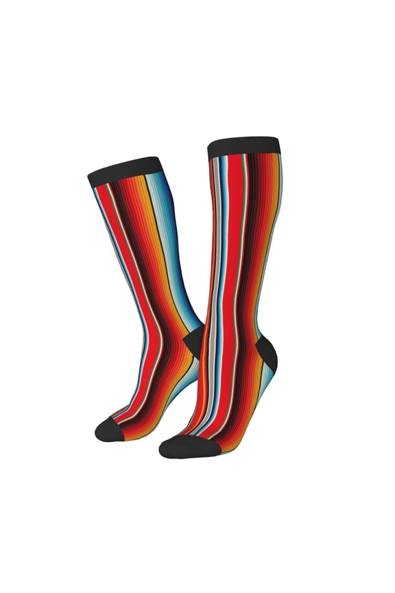 Knee High Socks for Women Men Athletic - Mexican Serape Blanket Stripes Thigh-High Black Sole Comfort Breathable Long Socks for Casual Travel Running