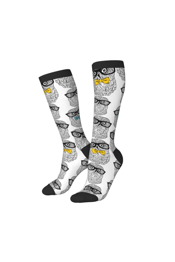 Knee High Socks for Women Men Athletic - Nerdy Owl Thigh-High Black Sole Comfort Breathable Long Socks for Casual Travel Running