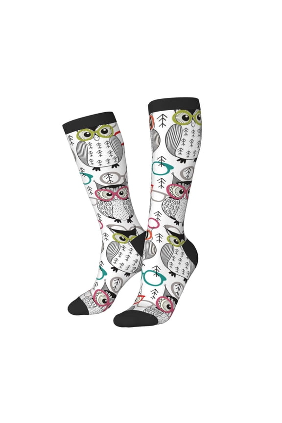 Knee High Socks for Women Men Athletic - Owl with Glasses Thigh-High Black Sole Comfort Breathable Long Socks for Casual Travel Running