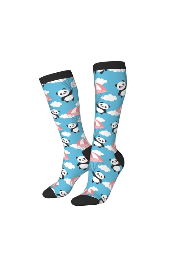 Knee High Socks for Women Men Athletic - Panda Flying in the Sky Thigh-High Black Sole Comfort Breathable Long Socks for Casual Travel Running