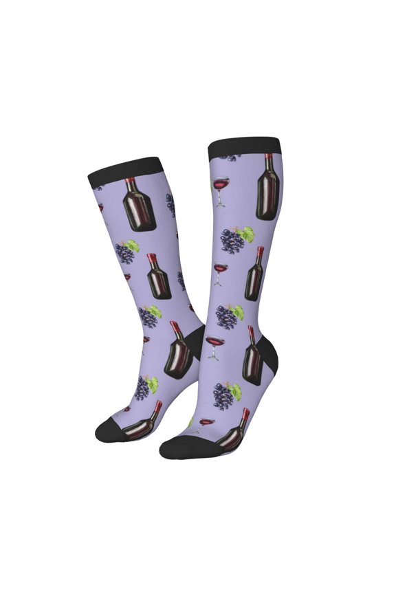 Knee High Socks for Women Men Athletic - Purple Wine Element Pattern Thigh-High Black Sole Comfort Breathable Long Socks for Casual Travel Running