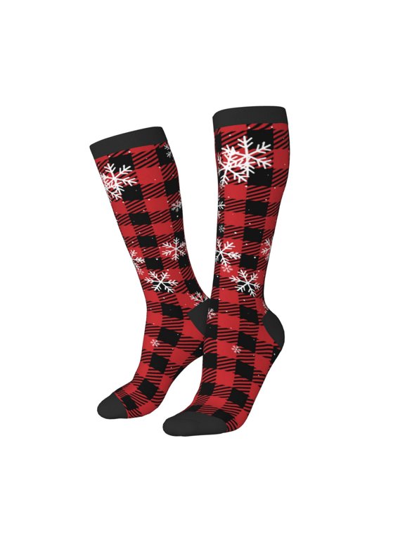 Knee High Socks for Women Men Athletic - Red Buffalo Plaid Thigh-High Black Sole Comfort Breathable Long Socks for Casual Travel Running