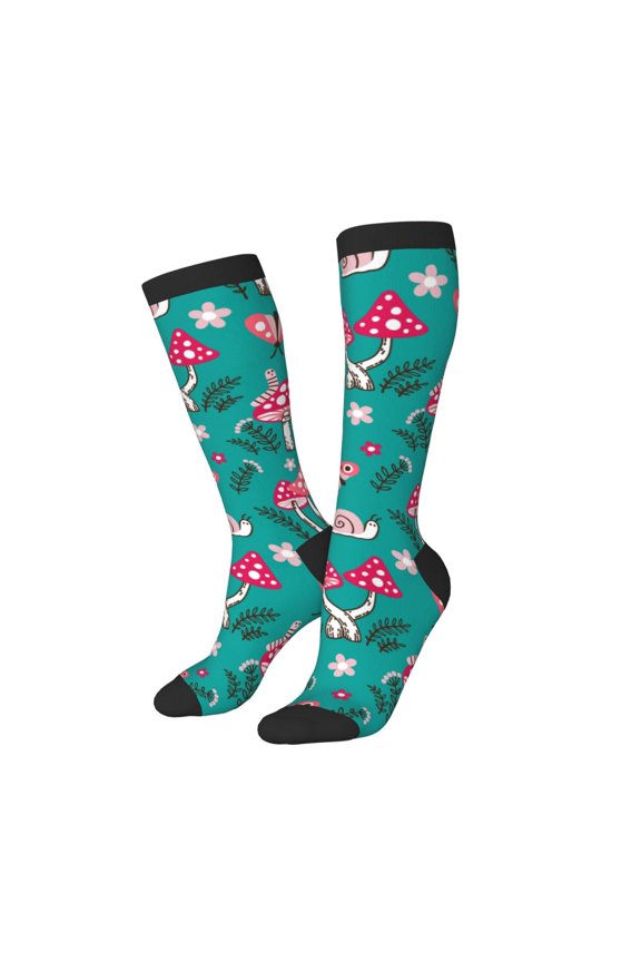 Knee High Socks for Women Men Athletic - Red Mushroom Flower Greenery Thigh-High Black Sole Comfort Breathable Long Socks for Casual Travel Running
