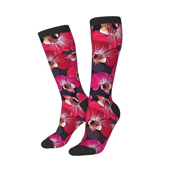 Knee High Socks for Women Men Athletic - Red Orchids Flowers Thigh-High Black Sole Comfort Breathable Long Socks for Casual Travel Running