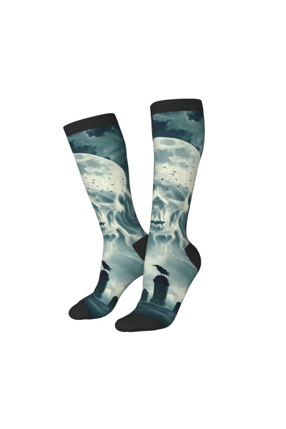 Knee High Socks for Women Men Athletic - Scary Moon And Clouds Thigh-High Black Sole Comfort Breathable Long Socks for Casual Travel Running