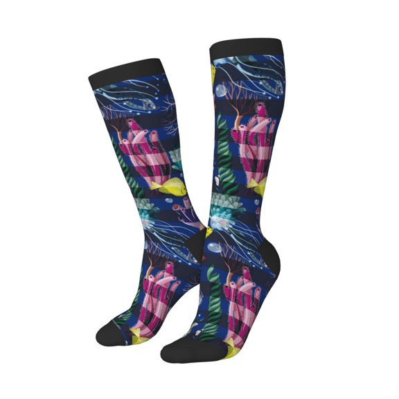 Knee High Socks for Women Men Athletic - Sea Inhabitans and Herb Thigh-High Black Sole Comfort Breathable Long Socks for Casual Travel Running