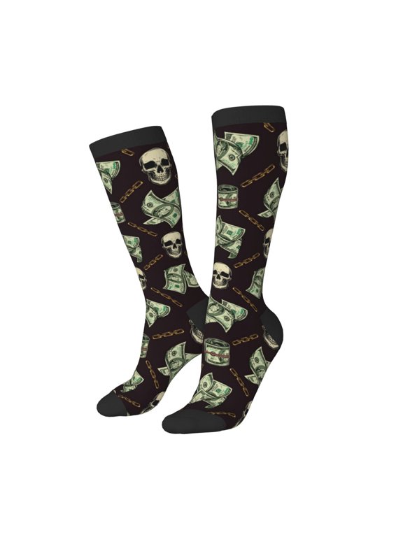 Knee High Socks for Women Men Athletic - Skulls Gold Chains Dollar Thigh-High Black Sole Comfort Breathable Long Socks for Casual Travel Running