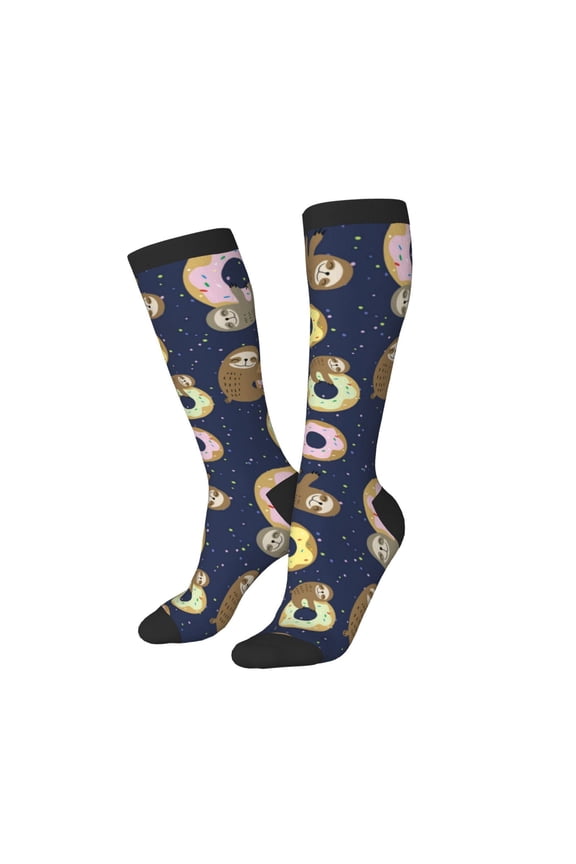 Knee High Socks for Women Men Athletic - Sloth with Donuts Thigh-High Black Sole Comfort Breathable Long Socks for Casual Travel Running