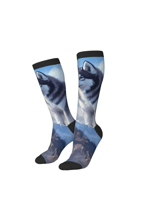 Knee High Socks for Women Men Athletic - Snow Mountain Alaskan Sled Dog Thigh-High Black Sole Comfort Breathable Long Socks for Casual Travel Running
