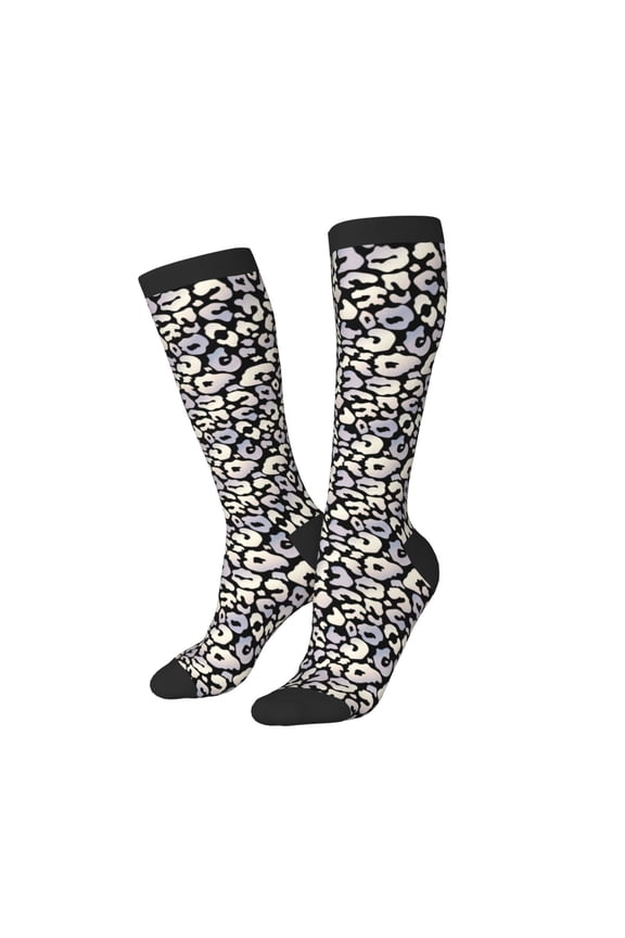 Knee High Socks for Women Men Athletic - Trendy silver leopard black Thigh-High Black Sole Comfort Breathable Long Socks for Casual Travel Running