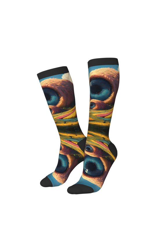 Knee High Socks for Women Men Athletic - Vivid Eyeball Hillscape Thigh-High Black Sole Comfort Breathable Long Socks for Casual Travel Running