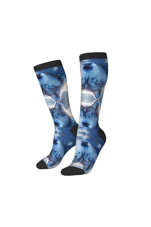 Knee High Socks for Women Men Athletic - Winter Snowflake Cute Husky A Thigh-High Black Sole Comfort Breathable Long Socks for Casual Travel Running