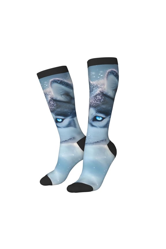 Knee High Socks for Women Men Athletic - Winter Snowflake Cute Husky Thigh-High Black Sole Comfort Breathable Long Socks for Casual Travel Running