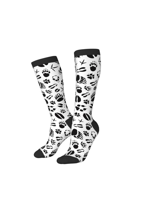 Knee High Socks for Women Men Athletic - black footprints Thigh-High Black Sole Comfort Breathable Long Socks for Casual Travel Running