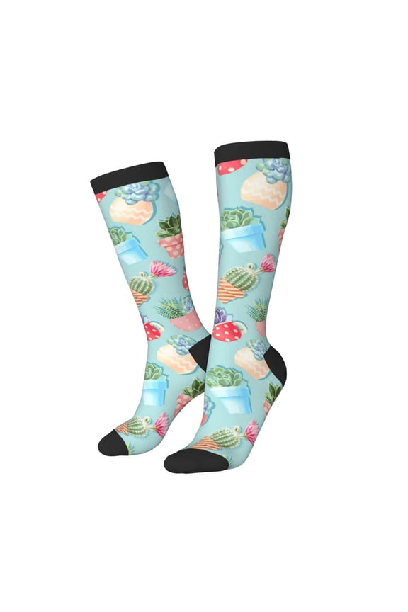 Knee High Socks for Women Men Athletic - blue Cactus potted plant Thigh-High Black Sole Comfort Breathable Long Socks for Casual Travel Running