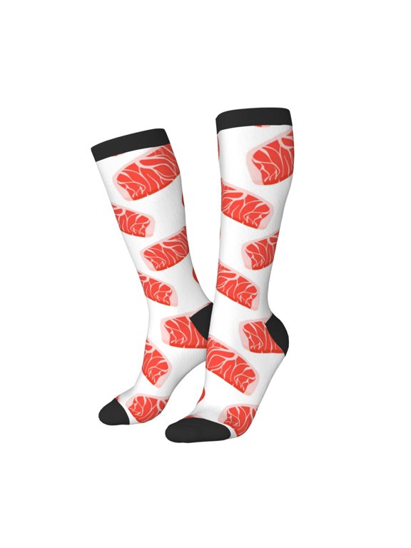 Knee High Socks for Women Men Athletic - cartoon steak pattern Thigh-High Black Sole Comfort Breathable Long Socks for Casual Travel Running