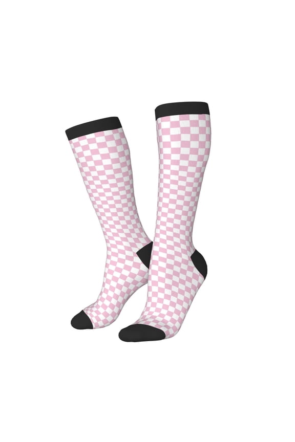 Knee High Socks for Women Men Athletic - chessboardpink white cute Thigh-High Black Sole Comfort Breathable Long Socks for Casual Travel Running