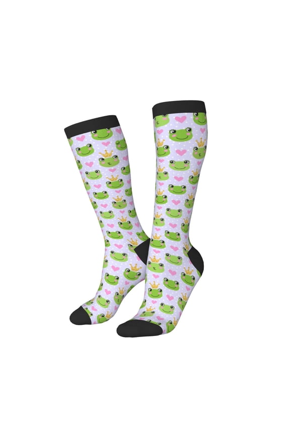 Knee High Socks for Women Men Athletic - cute frogs crowns heart purple Thigh-High Black Sole Comfort Breathable Long Socks for Casual Travel Running