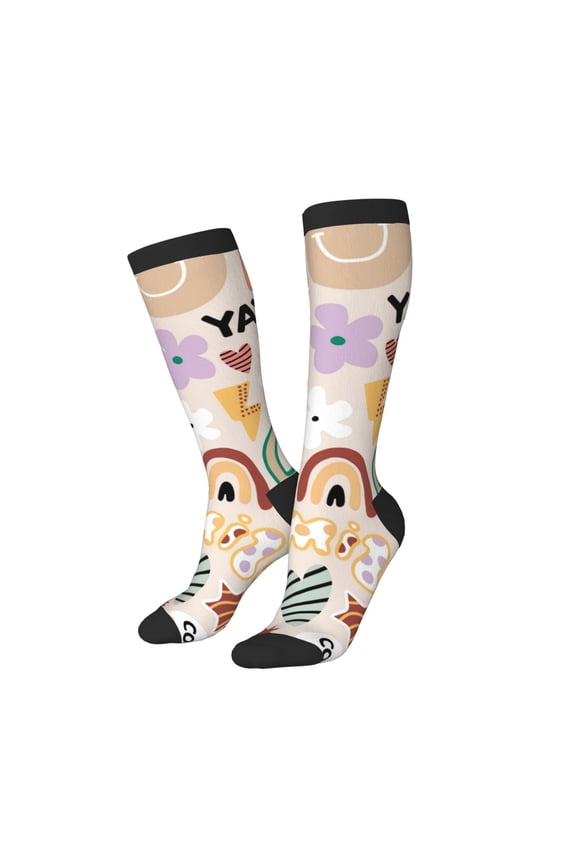 Knee High Socks for Women Men Athletic - flowers rainbow peace sign Thigh-High Black Sole Comfort Breathable Long Socks for Casual Travel Running