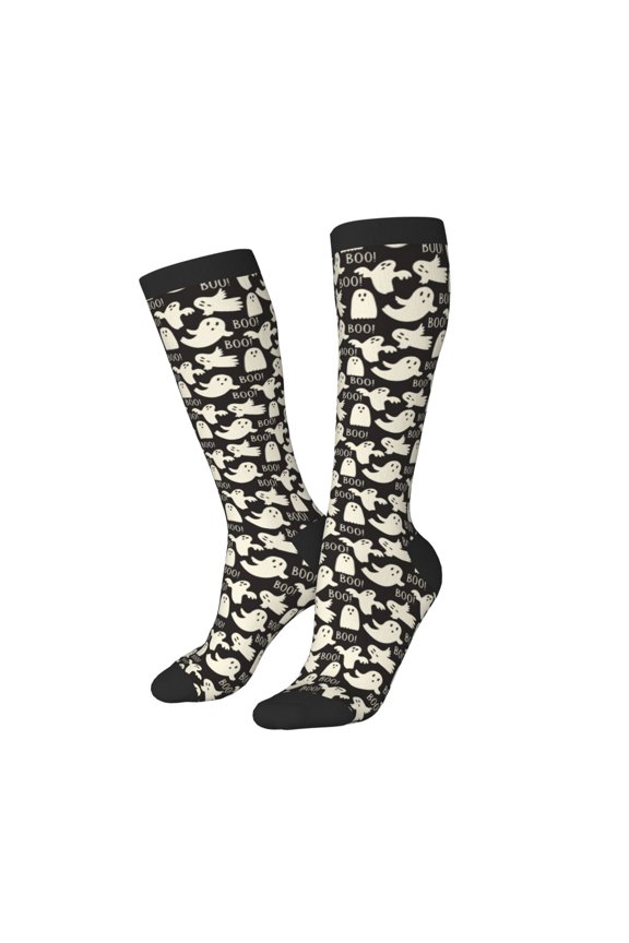 Knee High Socks for Women Men Athletic - ghost_boo_halloween_pattern Thigh-High Black Sole Comfort Breathable Long Socks for Casual Travel Running