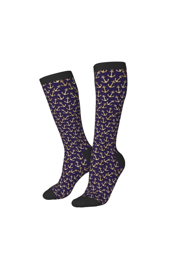 Knee High Socks for Women Men Athletic - golden anchor Anchor print Thigh-High Black Sole Comfort Breathable Long Socks for Casual Travel Running
