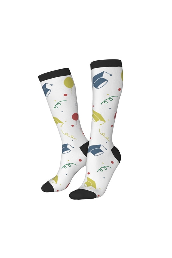 Knee High Socks for Women Men Athletic - graduation hat Thigh-High Black Sole Comfort Breathable Long Socks for Casual Travel Running