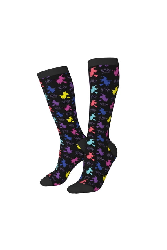 Knee High Socks for Women Men Athletic - halloween boo witch colorful Thigh-High Black Sole Comfort Breathable Long Socks for Casual Travel Running