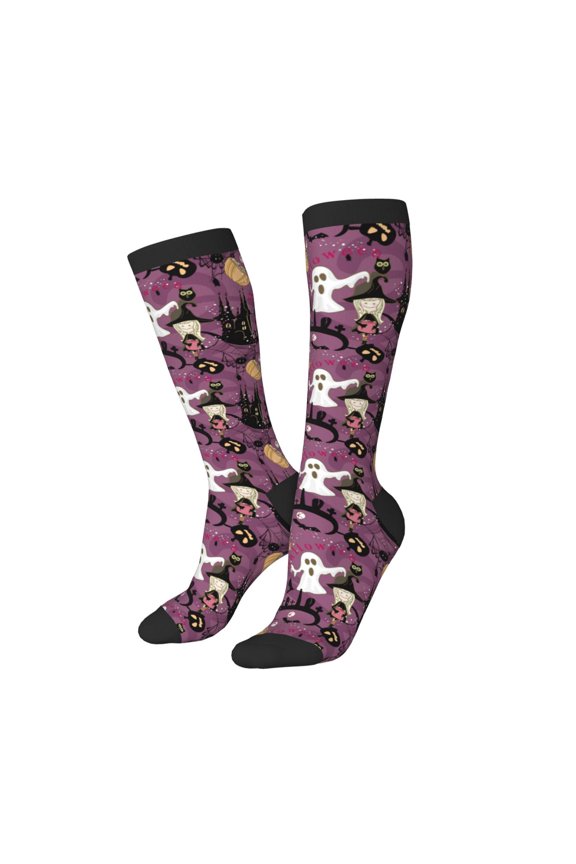 Knee High Socks for Women Men Athletic - halloween witch cartoon Thigh-High Black Sole Comfort Breathable Long Socks for Casual Travel Running
