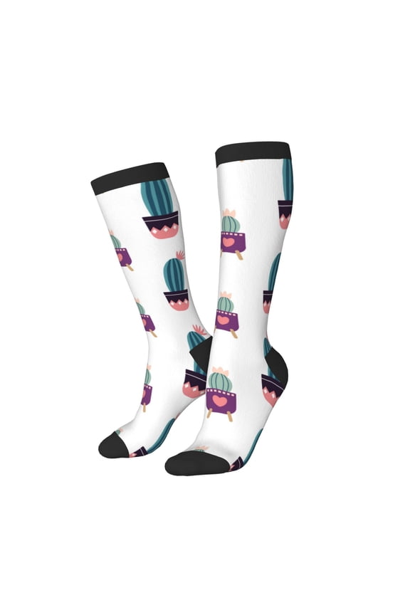 Knee High Socks for Women Men Athletic - heart Cactus potted plant Thigh-High Black Sole Comfort Breathable Long Socks for Casual Travel Running